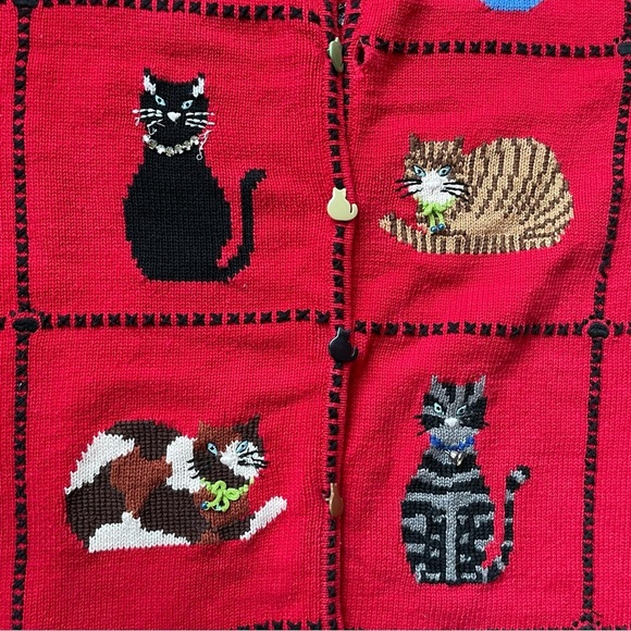 Vintage Marisa Christina Short Sleeve Red Cat Pattern Ramie Cotton Cardigan - Picture 11 of 12